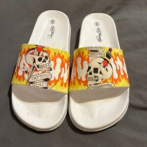 Ed Hardy Women Flip Flops Tattoo You Slides Skulls Fire Flames Sz 8
